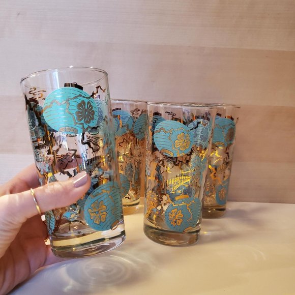 Set of 4 Vtg Dominion MCM Highball Tumbler Asian Turquoise Gold Drinking Glasses - Picture 8 of 15